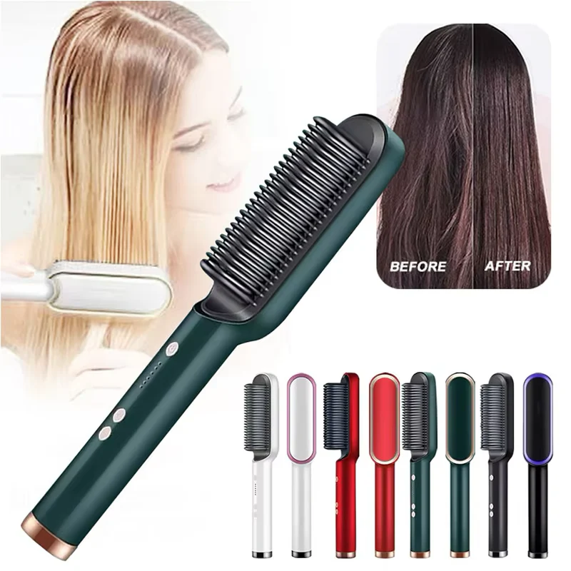 Hair Straightener Iron Brush Straight Hair Comb 2-in-1 Hair Straightener Curling Professional Styling Brush Hair Curler & Straightener For Women