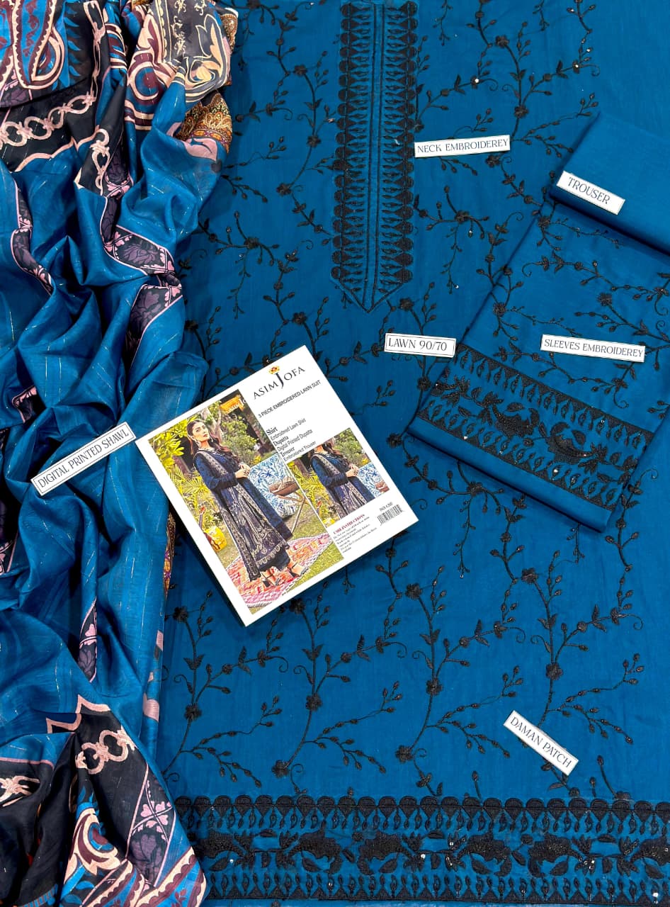 3 Piece - Embroidered Lawn Suit | Unstitched | Asim Jofa